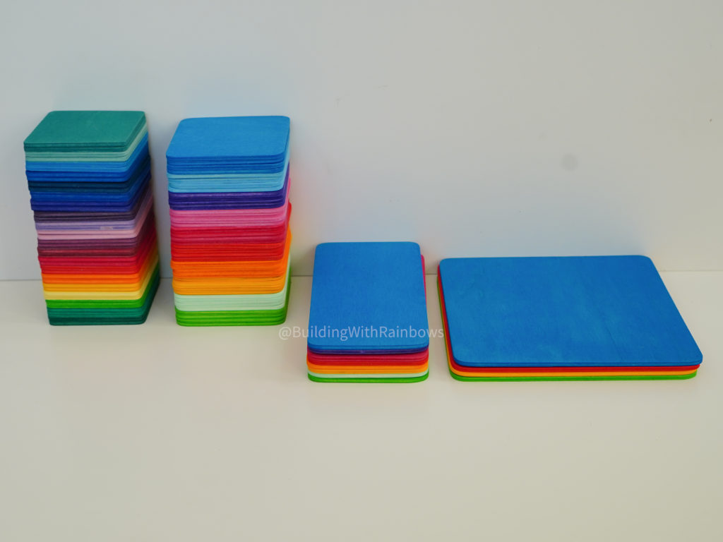 Grimm's color mats stacked next to Bauspiel Color Tiles -- side by side comp